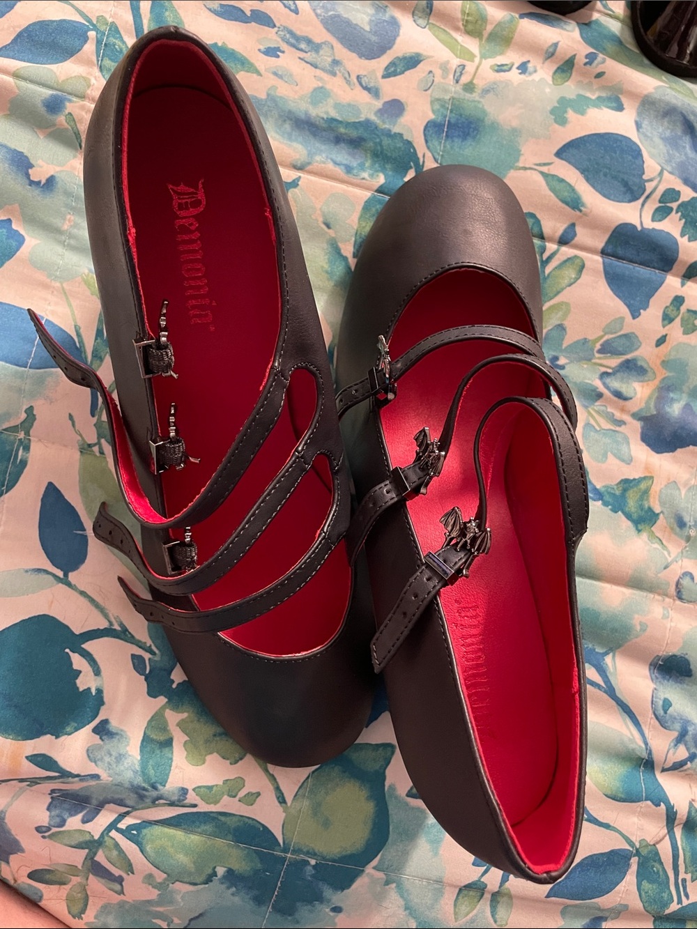 Demonia Black Triple-Strap Mary Jane Flats with Red Insole